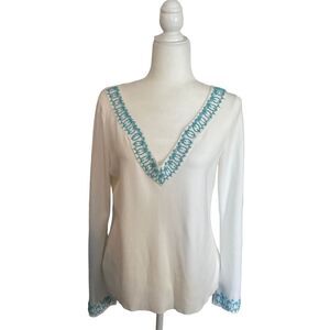 Loft White Turquoise Seed Bead Design V-Neck Long Sleeve Sweater Size L